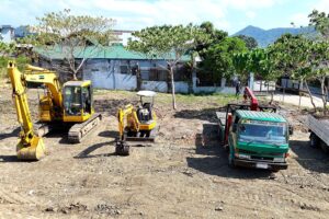 An excavator, mini excavator, and flatbed crane truck staged at a job site with hills in the background